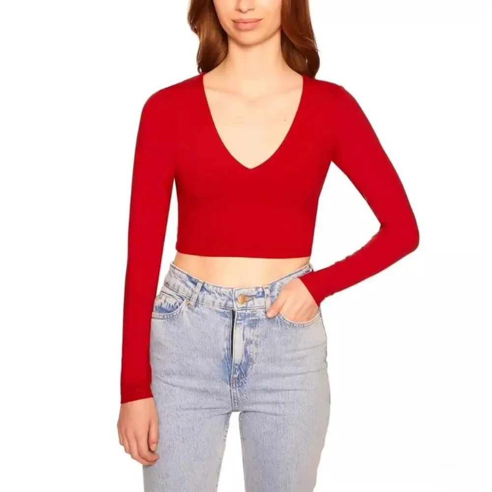 Susana Monaco Very V Long Sleeve Crop Top in Morello Red NWT Size Large